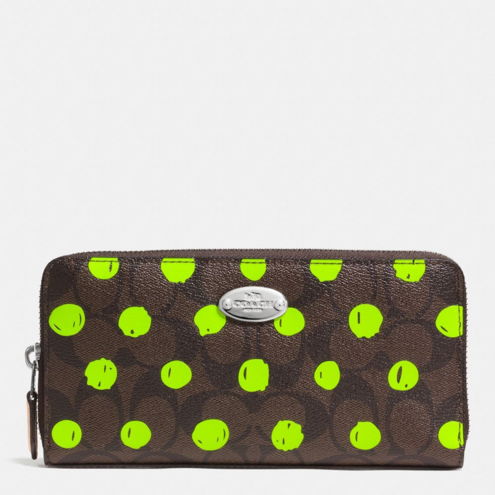 COACH f52578 ACCORDION ZIP WALLET IN DOT PRINT SIGNATURE CANVAS SILVER/BROWN/NEON YELLOW