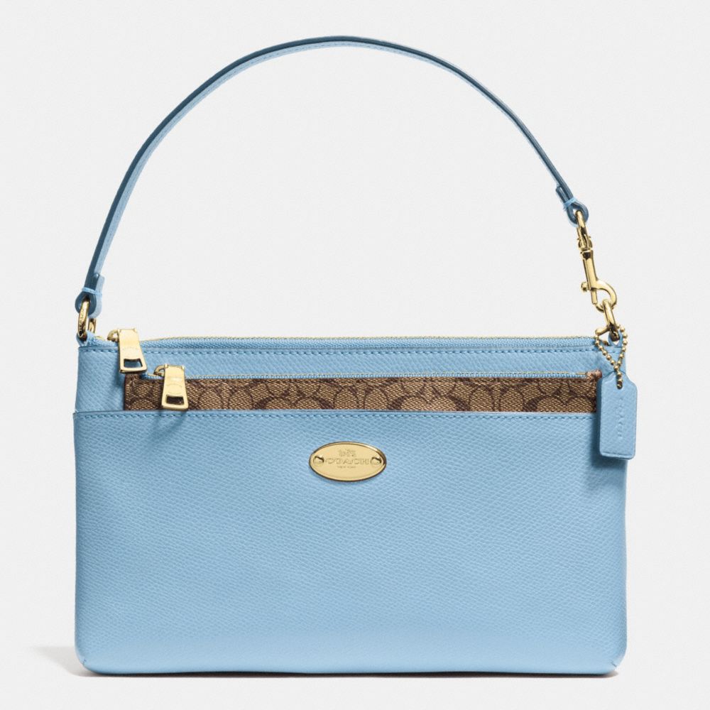 COACH f52598 POP UP POUCH IN CROSSGRAIN LEATHER LIGHT GOLD/PALE BLUE