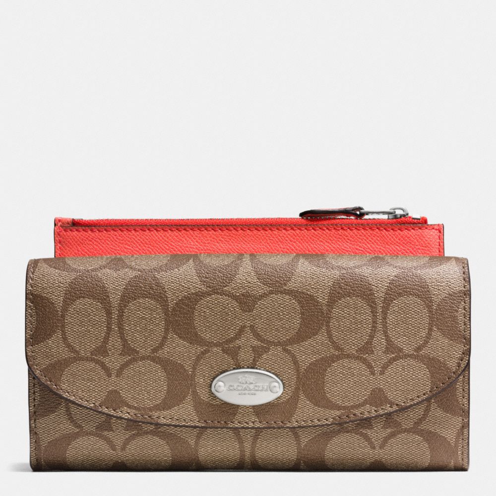 COACH F52601 Signature Canvas Pop Slim Envelope Wallet SILVER/KHAKI/CORAL