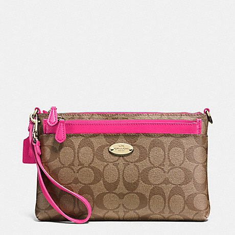 COACH F52619 POP POUCH IN SIGNATURE CANVAS -LIGHT-GOLD/KHAKI/PINK-RUBY