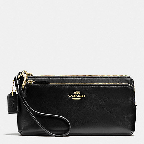 COACH DOUBLE L-ZIP WALLET IN LEATHER -  LIGHT GOLD/BLACK - f52636