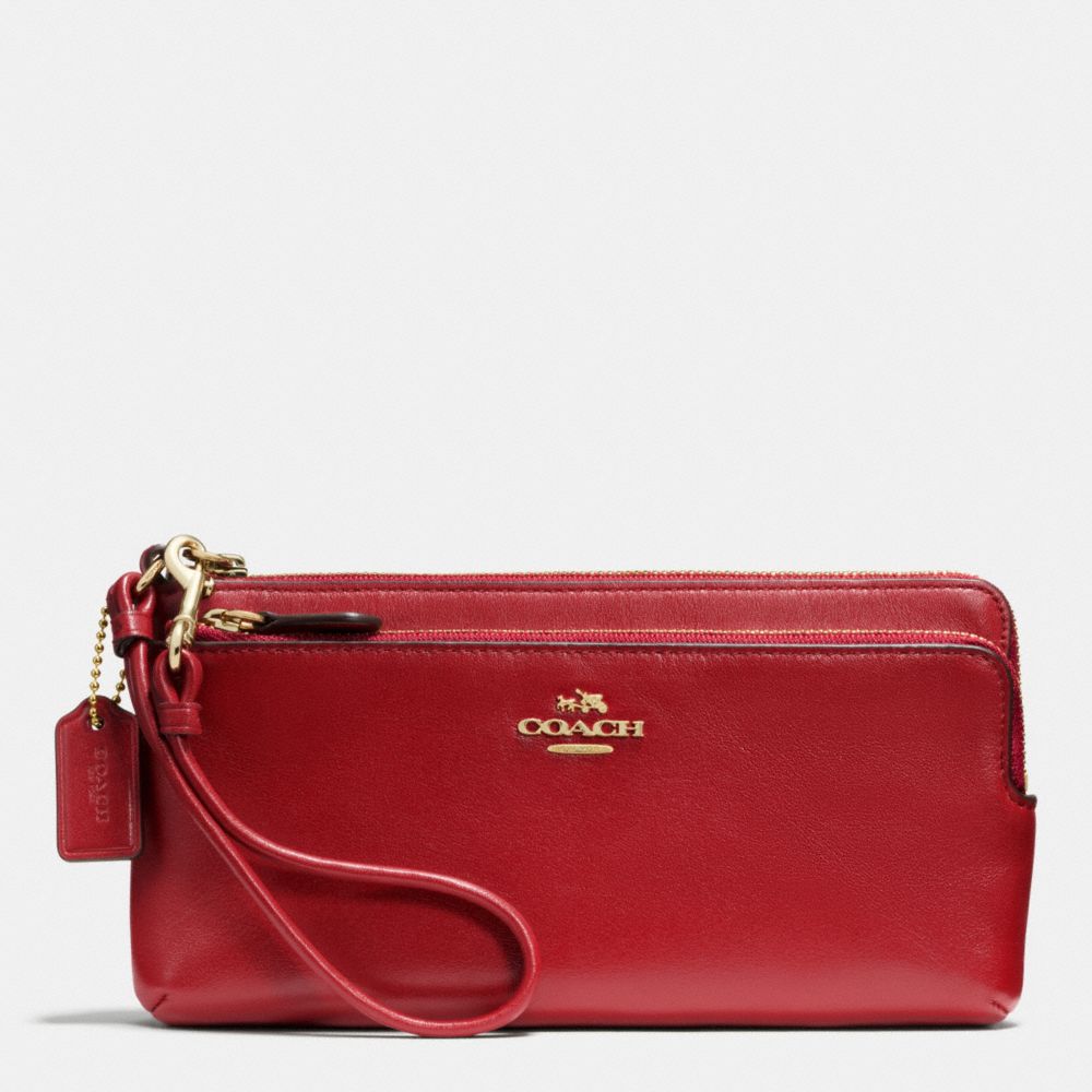 COACH F52636 Double L-zip Wallet In Leather LIGHT GOLD/RED CURRANT