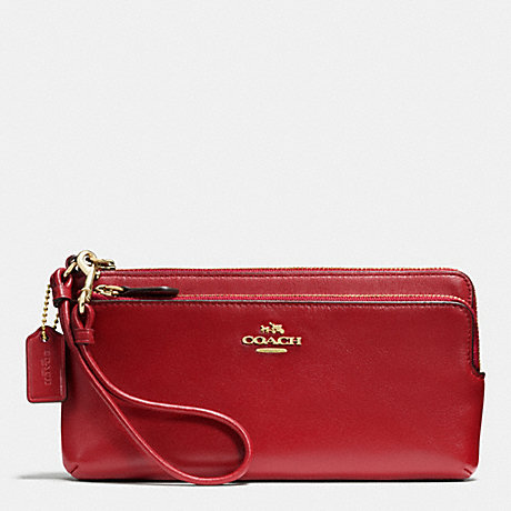 COACH f52636 DOUBLE L-ZIP WALLET IN LEATHER LIGHT GOLD/RED CURRANT
