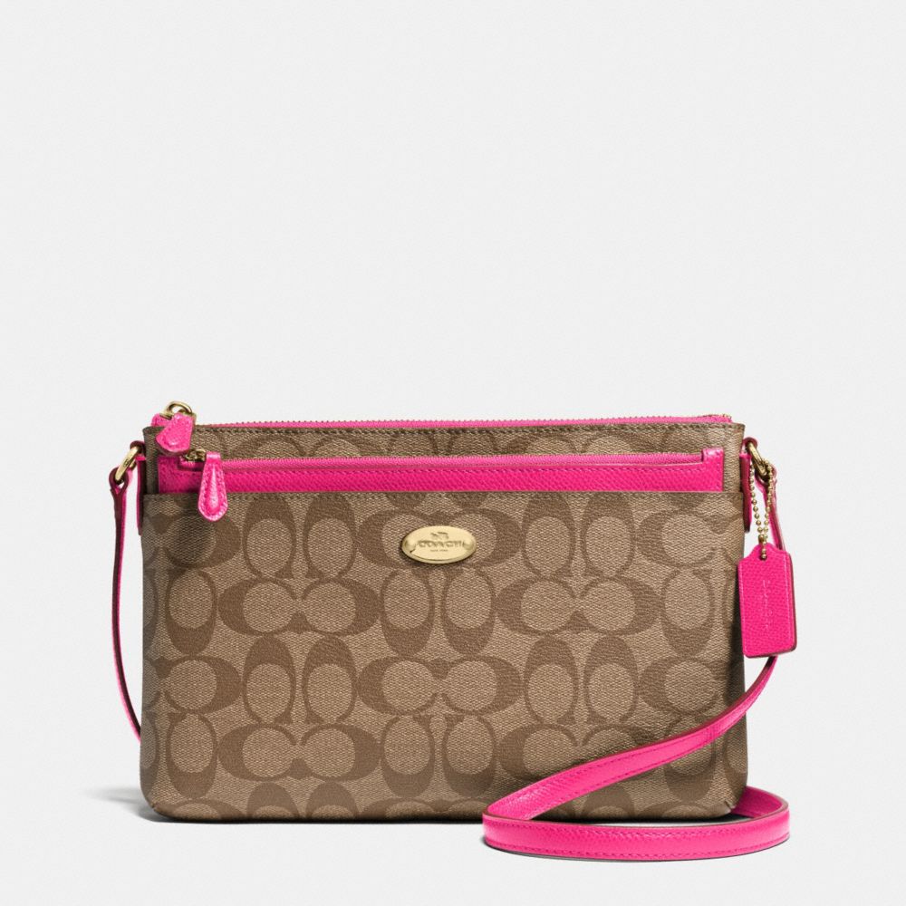 COACH F52657 EAST/WEST POP CROSSBODY IN SIGNATURE CANVAS -LIGHT-GOLD/KHAKI/PINK-RUBY