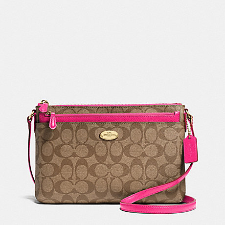 COACH F52657 EAST/WEST POP CROSSBODY IN SIGNATURE CANVAS -LIGHT-GOLD/KHAKI/PINK-RUBY