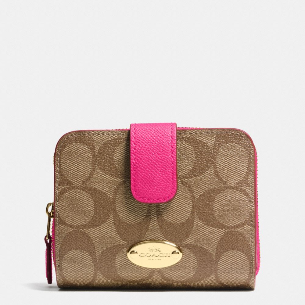 COACH F52675 Medium Zip Around Wallet In Signature Canvas  LIGHT GOLD/KHAKI/PINK RUBY