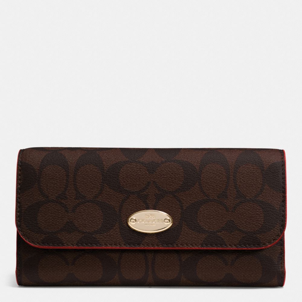 COACH SIGNATURE COATED CANVAS CHECKBOOK WALLET - IMITATION GOLD/BROWN TRUE RED - f52681