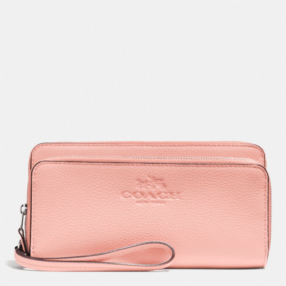 COACH F52718 DOUBLE ACCORDIAN ZIP WALLET IN PEBBLE LEATHER SILVER/BLUSH