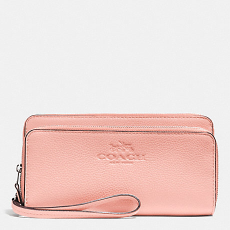 COACH F52718 DOUBLE ACCORDIAN ZIP WALLET IN PEBBLE LEATHER SILVER/BLUSH