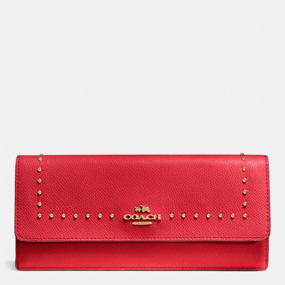 COACH F52772 Edge Studs Soft Wallet In Crossgrain Leather LIGHT GOLD/RED