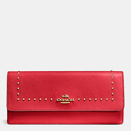 COACH f52772 EDGE STUDS SOFT WALLET IN CROSSGRAIN LEATHER LIGHT GOLD/RED