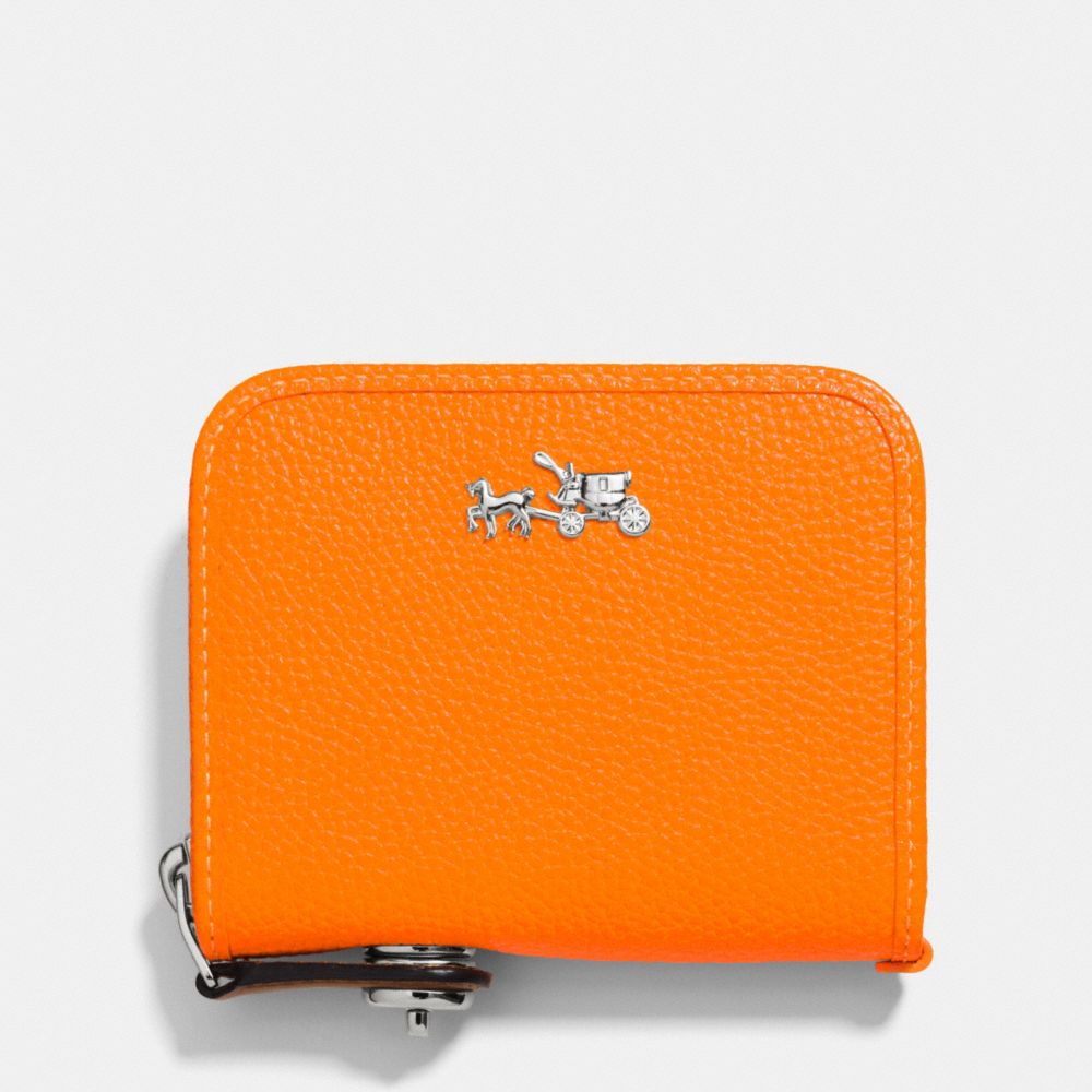 COACH C.O.A.C.H. ZIP AROUND COIN CASE IN POLISHED PEBBLE LEATHER - SILVER/NEON ORANGE - f52786