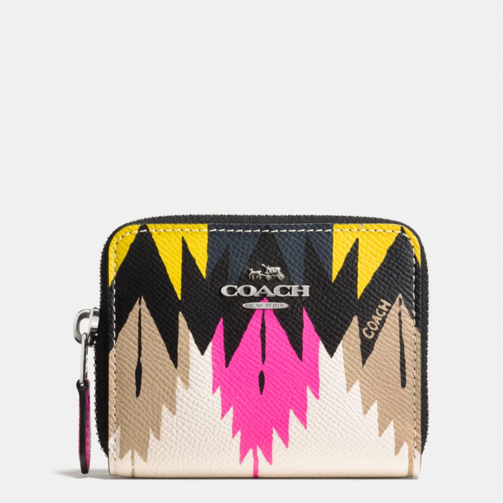 ZIP AROUND COIN CASE IN PRINTED CROSSGRAIN LEATHER - SILVER/HAWK FEATHER - COACH F52787