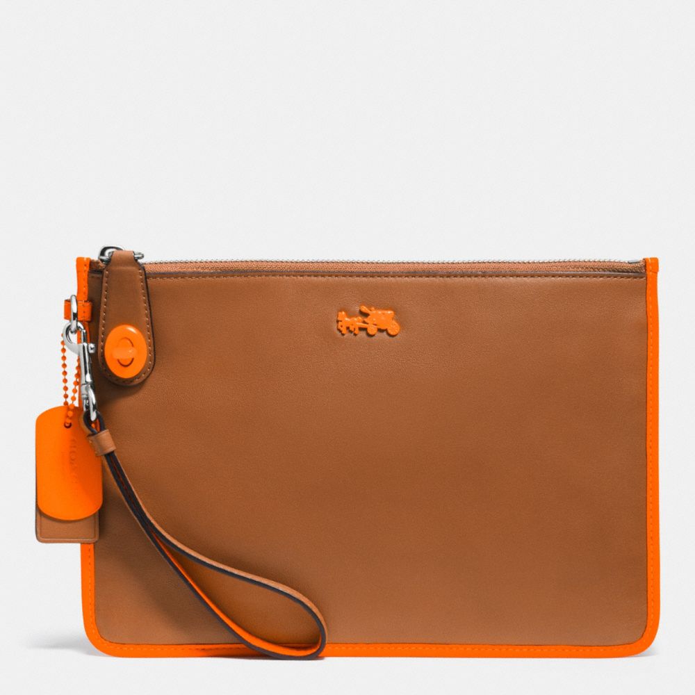 C.O.A.C.H. TURNLOCK WRISTLET 26 IN CALF LEATHER - SILVER/SADDLE/NEON ORANGE - COACH F52797