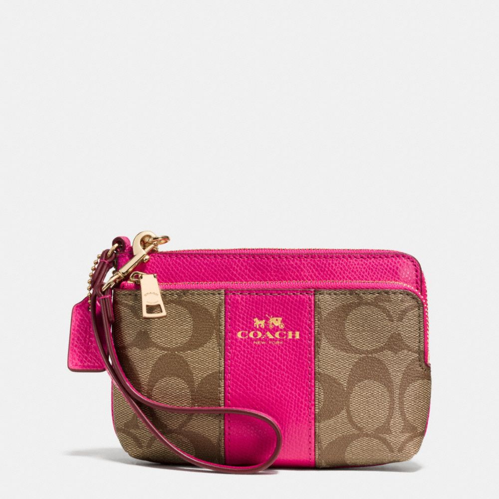 COACH F52853 Double Corner Zip Wristlet In Signature Coated Canvas  LIGHT GOLD/KHAKI/PINK RUBY