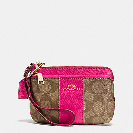 COACH F52853 DOUBLE CORNER ZIP WRISTLET IN SIGNATURE COATED CANVAS -LIGHT-GOLD/KHAKI/PINK-RUBY