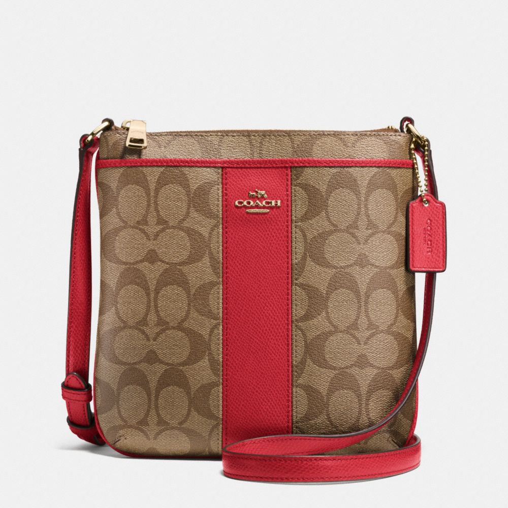 COACH F52856 SIGNATURE COATED CANVAS WITH LEATHER NORTH/SOUTH CROSSBODY LIGHT-GOLD/KHAKI/RED