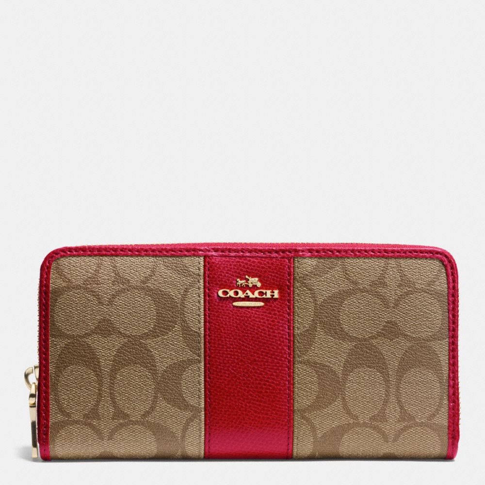 COACH SIGNATURE CANVAS WITH LEATHER ACCORDION ZIP WALLET - LIGHT GOLD/KHAKI/RED - F52859