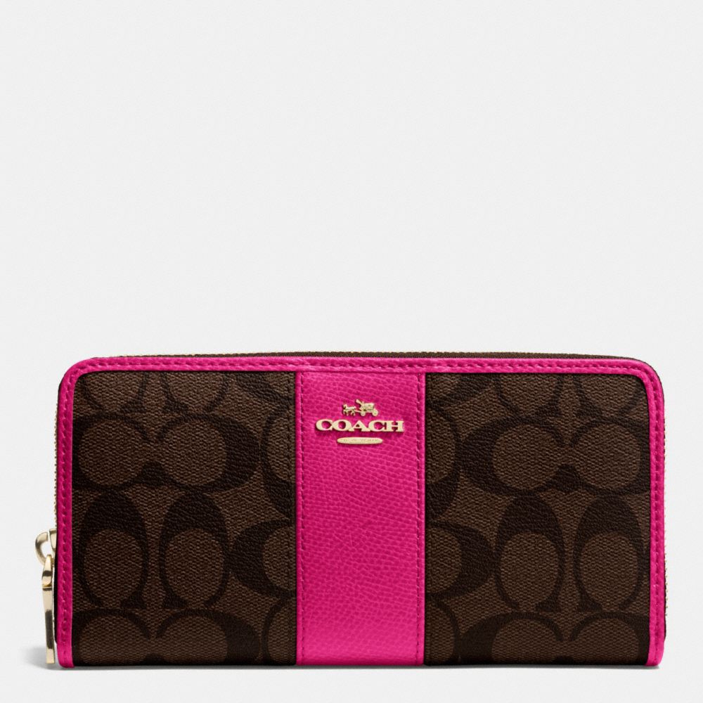 ACCORDION ZIP WALLET IN SIGNATURE CANVAS WITH LEATHER - f52859 - IMITATION GOLD/BROWN/PINK RUBY