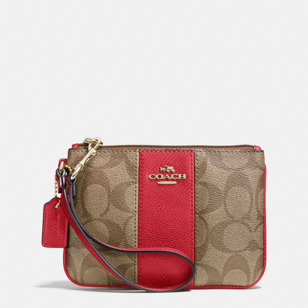 COACH F52860 Signature Canvas Small Wristlet With Leather LIGHT GOLD/KHAKI/RED