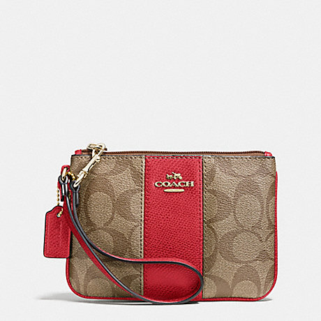 COACH F52860 SIGNATURE CANVAS SMALL WRISTLET WITH LEATHER LIGHT-GOLD/KHAKI/RED