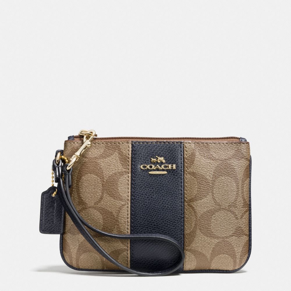 COACH F52860 Signature Canvas Small Wristlet With Leather LIGHT GOLD/KHAKI/MIDNIGHT