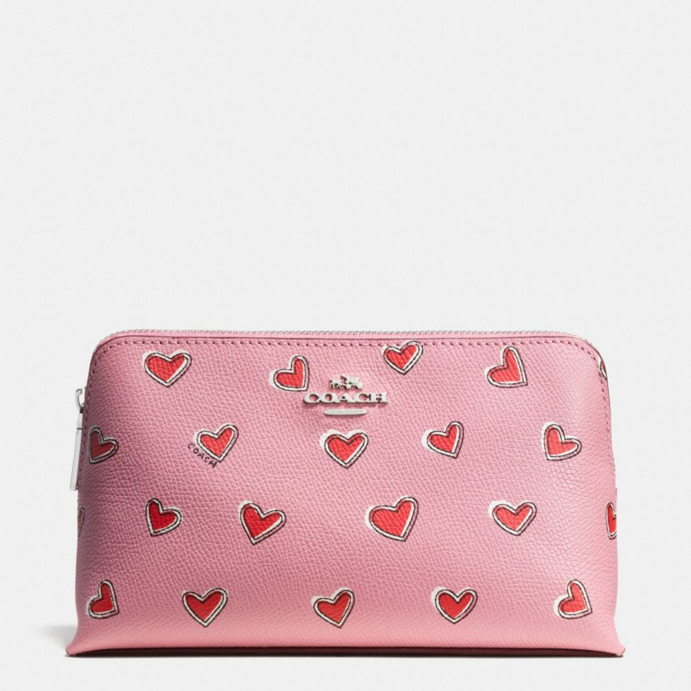 COSMETIC CASE 19 IN HEART PRINT LEATHER - f52908 - SILVER/PINK