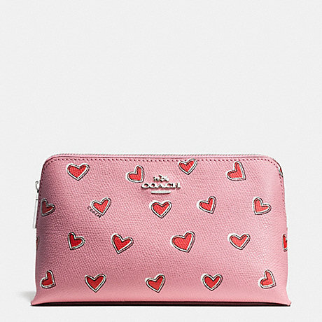 COACH F52908 COSMETIC CASE 19 IN HEART PRINT LEATHER SILVER/PINK