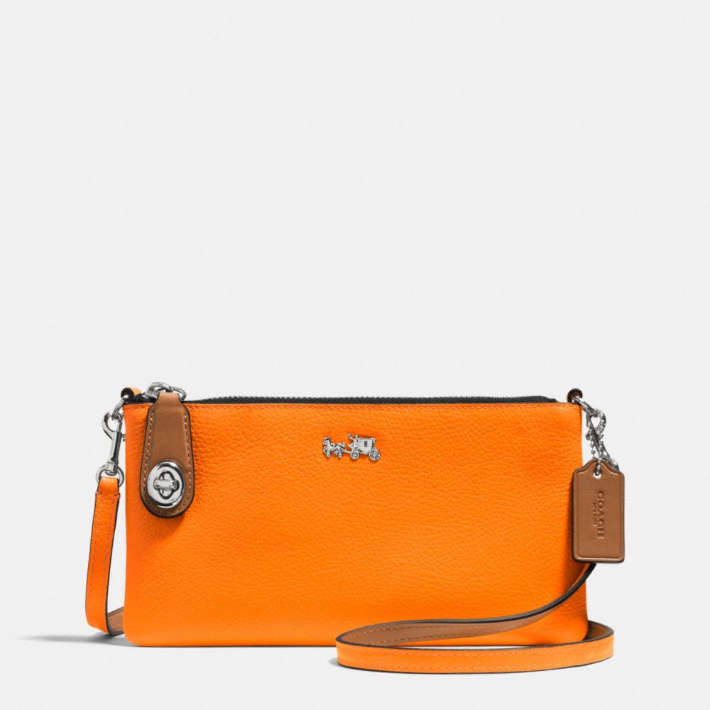 COACH F52914 C.O.A.C.H. HERALD CROSSBODY IN POLISHED PEBBLE LEATHER SILVER/NEON-ORANGE