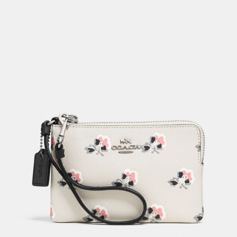 COACH F52926 CORNER ZIP WRISTLET IN PRINTED CROSSGRAIN LEATHER SILVER/BRAMBLE-ROSE