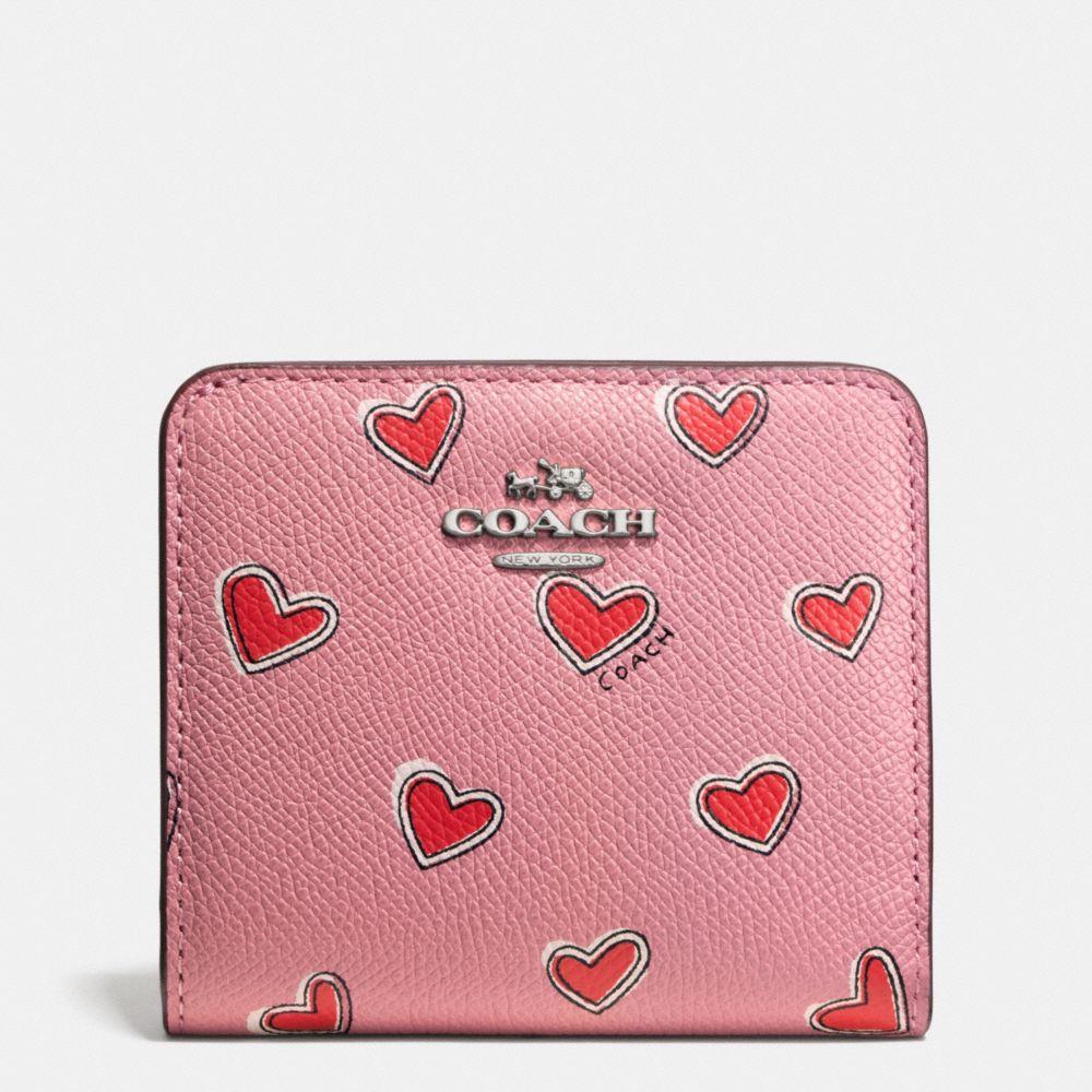 SMALL WALLET IN HEART PRINT CROSSGRAIN LEATHER - SILVER/PINK - COACH F52930