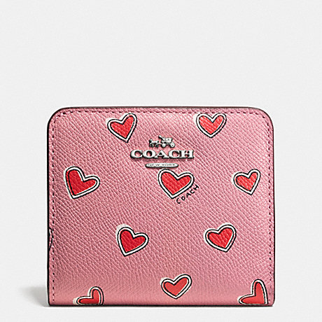 COACH F52930 SMALL WALLET IN HEART PRINT CROSSGRAIN LEATHER SILVER/PINK