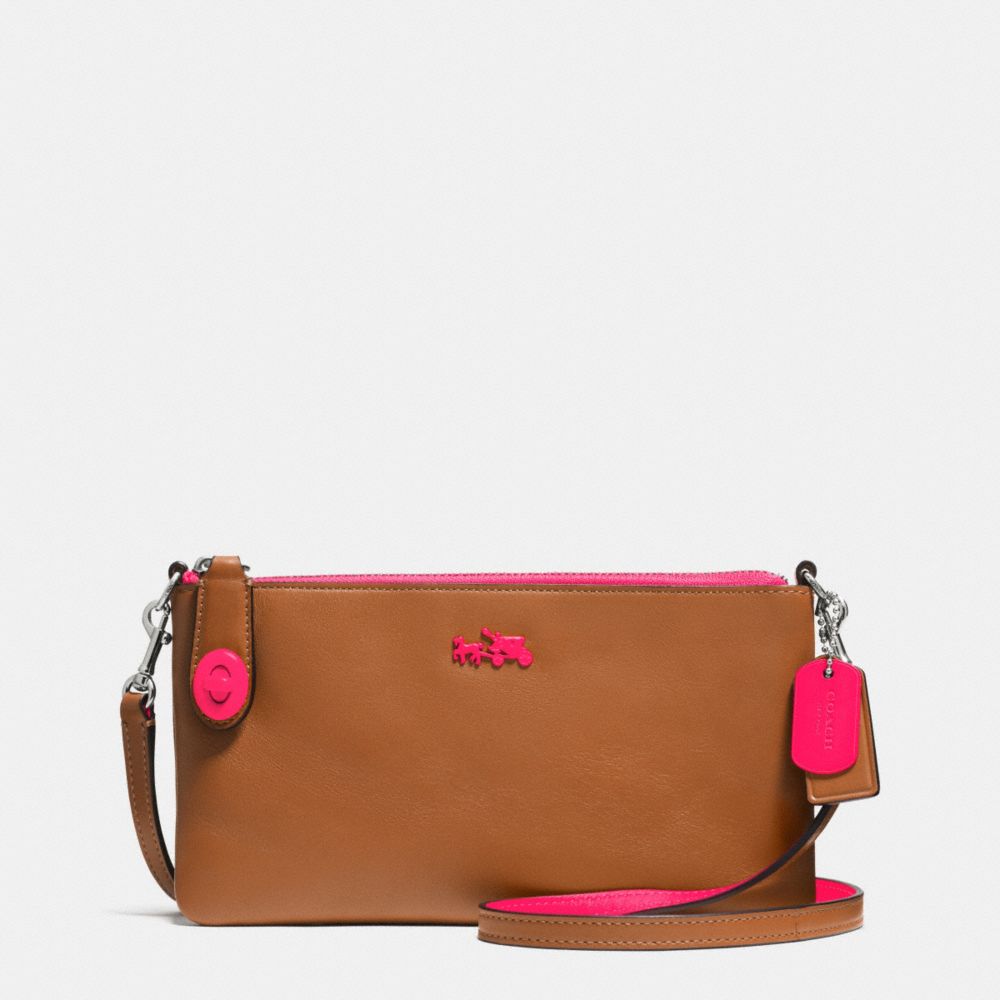 COACH F52968 - C.O.A.C.H. HERALD CROSSBODY IN CALF LEATHER NE/SADDLE NEON PINK