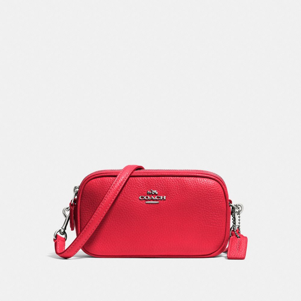 COACH F53034 CROSSBODY POUCH IN PEBBLE LEATHER SILVER/TRUE-RED
