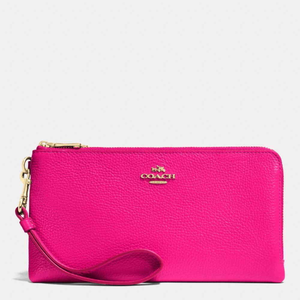 COACH F53089 Double Zip Wallet In Pebble Leather LIGHT GOLD/PINK RUBY