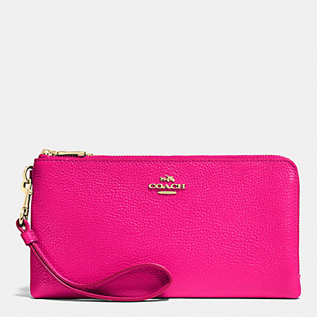 COACH f53089 DOUBLE ZIP WALLET IN PEBBLE LEATHER LIGHT GOLD/PINK RUBY