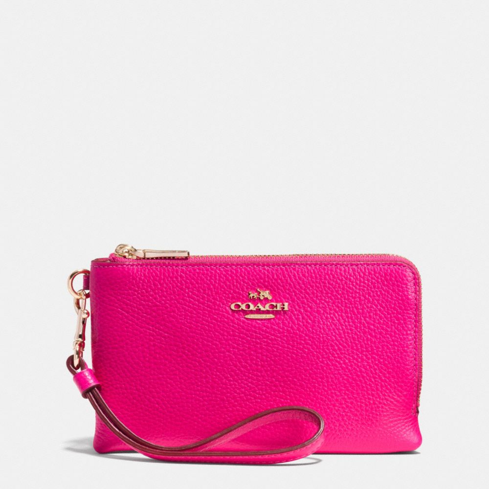 COACH F53090 DOUBLE CORNER ZIP WRISTLET IN PEBBLE LEATHER LIGHT-GOLD/PINK-RUBY