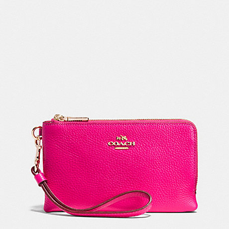 COACH F53090 DOUBLE CORNER ZIP WRISTLET IN PEBBLE LEATHER LIGHT-GOLD/PINK-RUBY