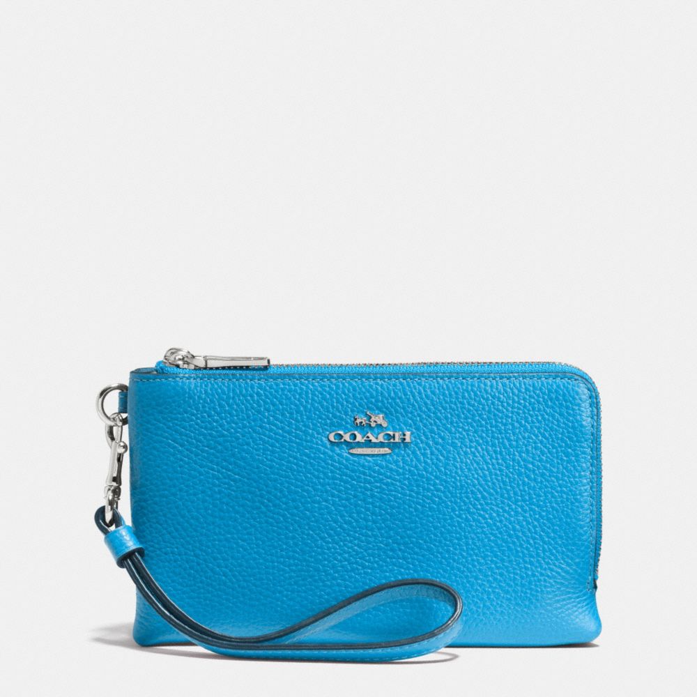 COACH DOUBLE CORNER ZIP WRISTLET IN PEBBLE LEATHER - SILVER/AZURE - f53090