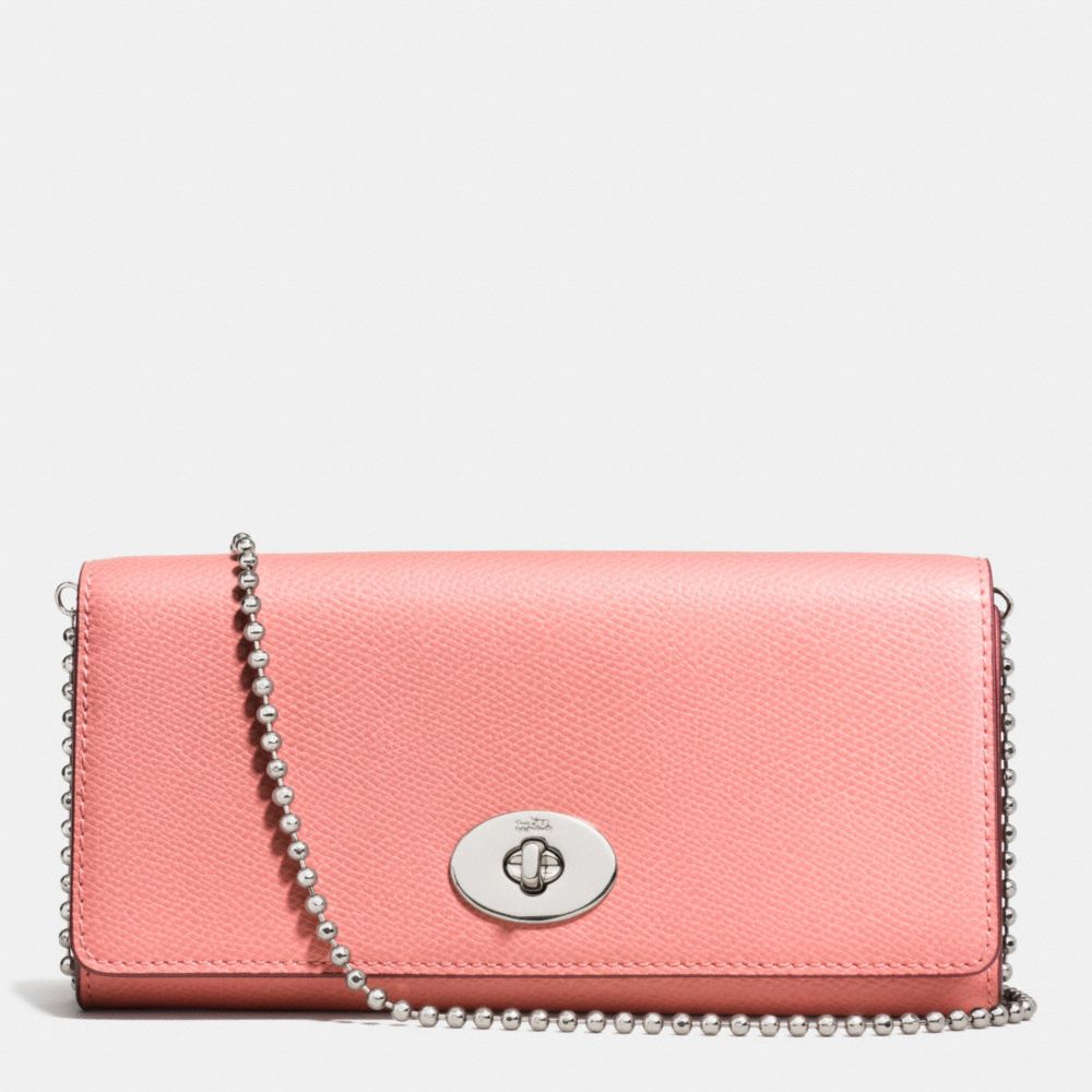 COACH F53124 SLIM CHAIN ENVELOPE IN CROSSGRAIN LEATHER -SILVER/PINK