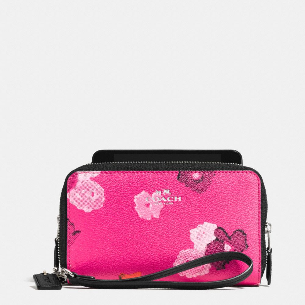 DOUBLE ZIP PHONE WALLET IN FLORAL PRINT CANVAS - SILVER/PINK MULTICOLOR - COACH F53129