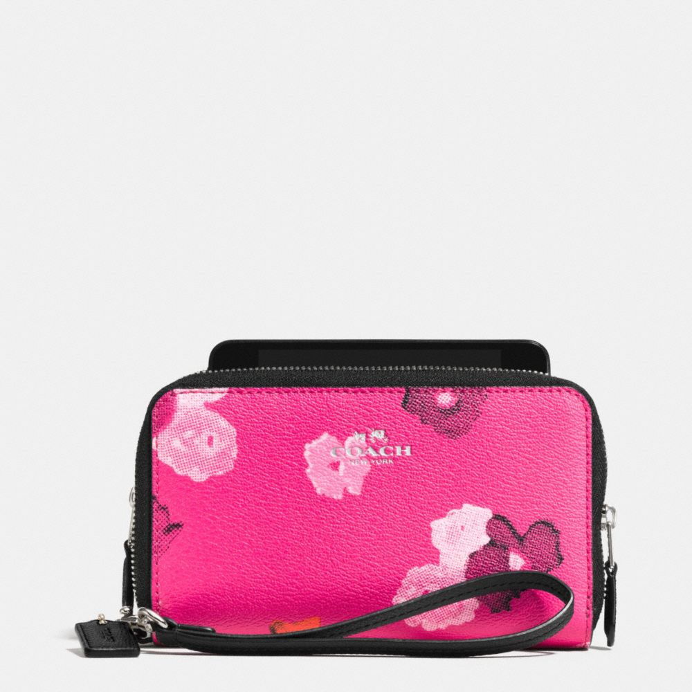 COACH DOUBLE ZIP PHONE WALLET IN FLORAL PRINT CANVAS - SILVER/PINK MULTICOLOR - F53129