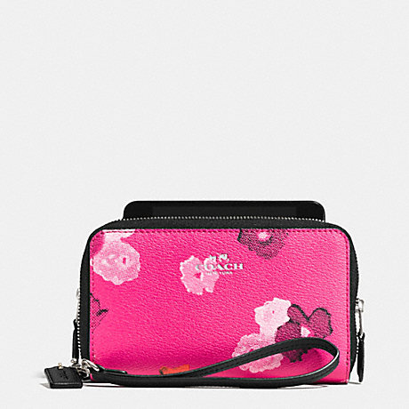 COACH DOUBLE ZIP PHONE WALLET IN FLORAL PRINT CANVAS -  SILVER/PINK MULTICOLOR - f53129