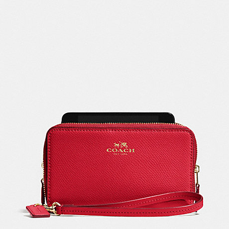COACH f53141 DOUBLE ZIP PHONE WALLET IN CROSSGRAIN LEATHER IMITATION GOLD/CLASSIC RED