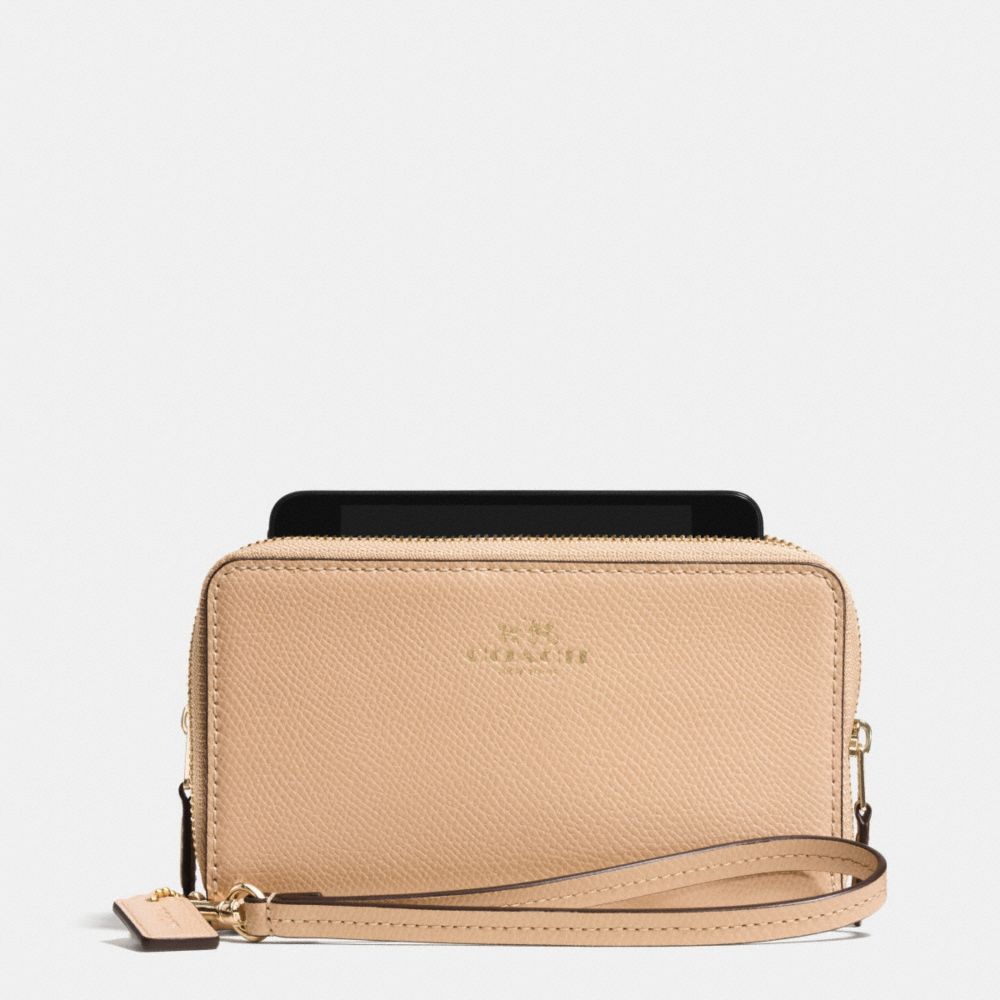 COACH F53141 Double Zip Phone Wallet In Crossgrain Leather LIGHT GOLD/NUDE