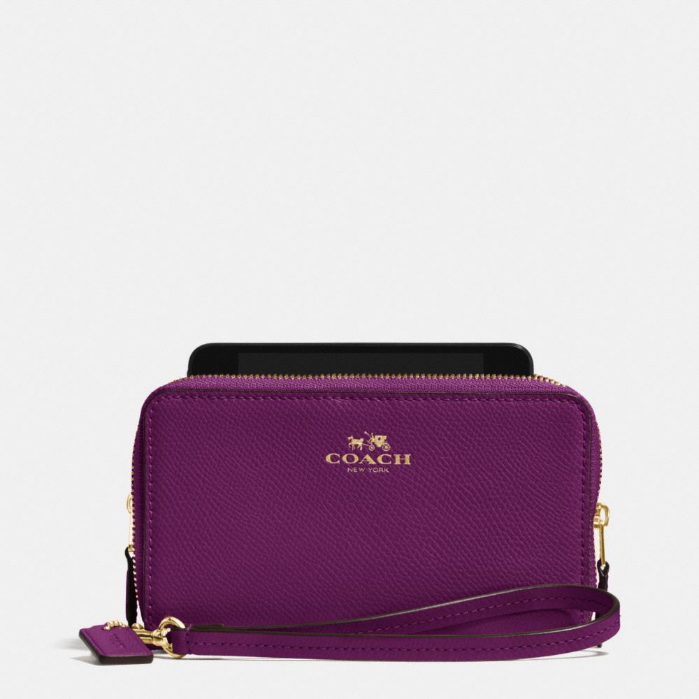 COACH DOUBLE ZIP PHONE WALLET IN CROSSGRAIN LEATHER - IMITATION GOLD/PLUM - F53141