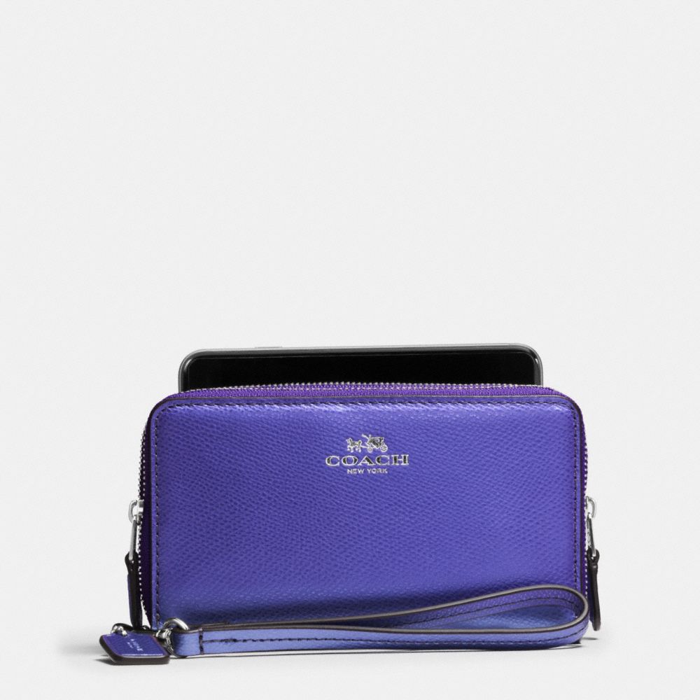 COACH f53141 DOUBLE ZIP PHONE WALLET IN CROSSGRAIN LEATHER SILVER/METALLIC PURPLE IRIS