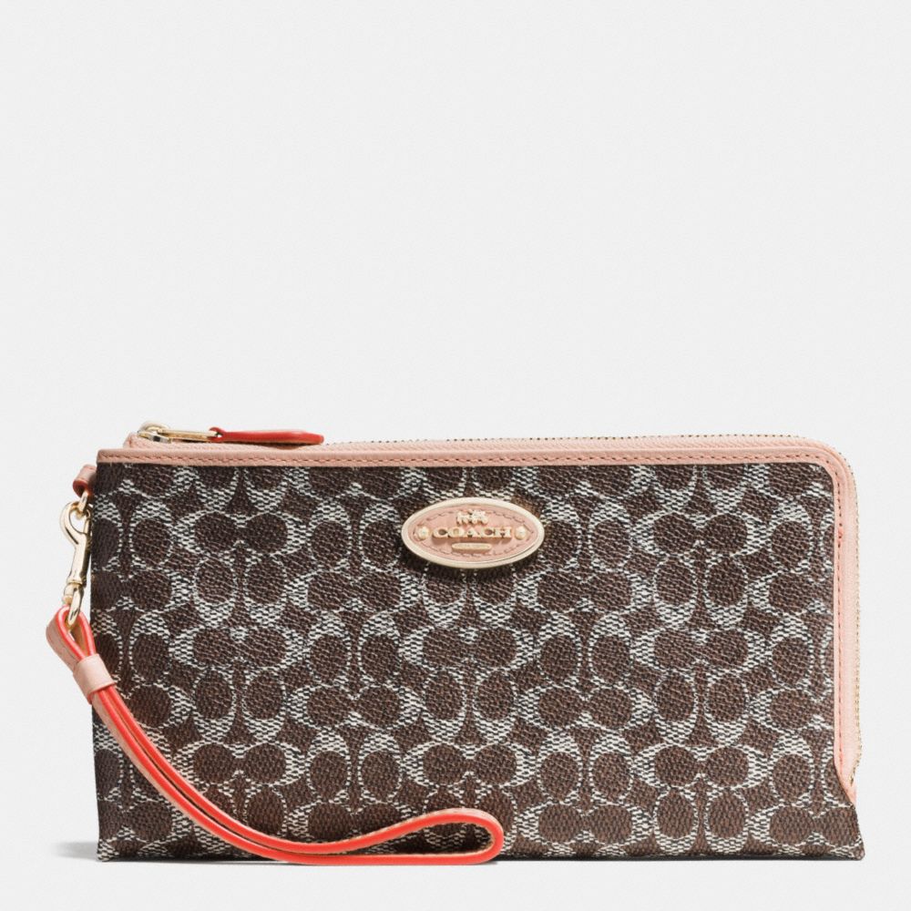 COACH F53175 Double Zip Wallet In Signature LIGHTGOLD/SADDLE/APRICOT
