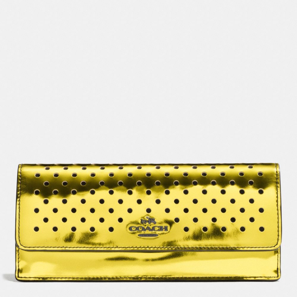 COACH F53178 Soft Wallet In Perforated Mirror Metallic Leather BLACK ANTIQUE NICKEL/YELLOW