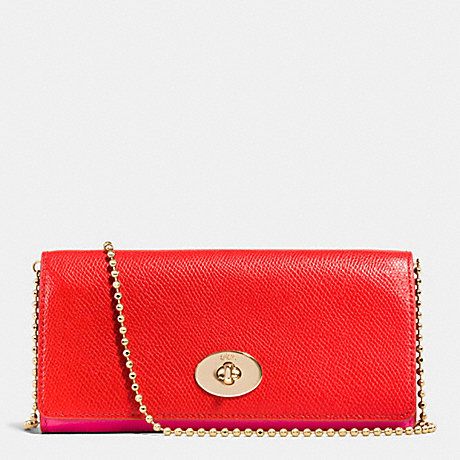 COACH F53308 SLIM CHAIN ENVELOPE WALLET IN BICOLOR CROSSGRAIN LEATHER -LIGHT-GOLD/CARDINAL/PINK-RUBY